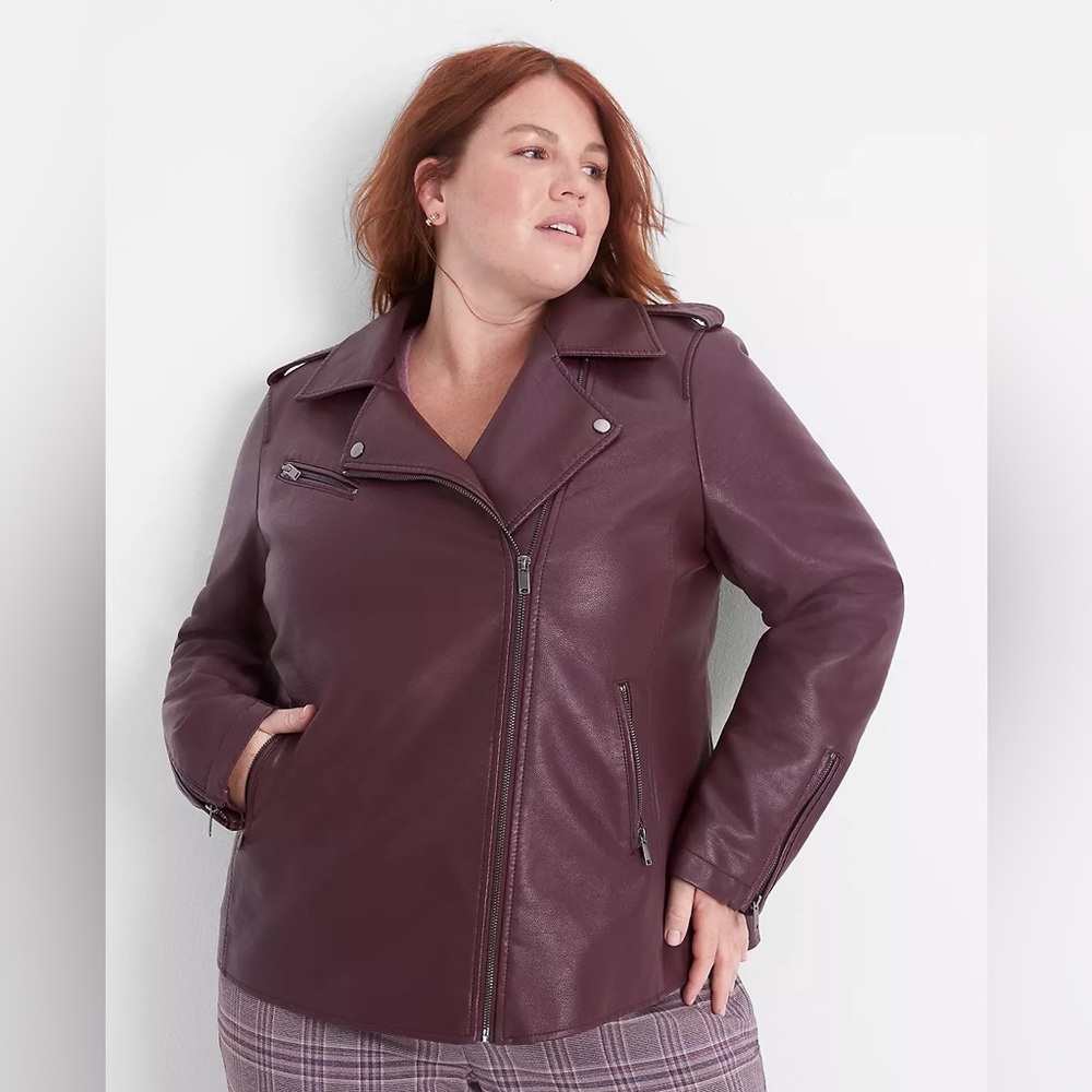 (J18) Lane Bryant Burgundy Faux Leather Zip Up Moto Jacket